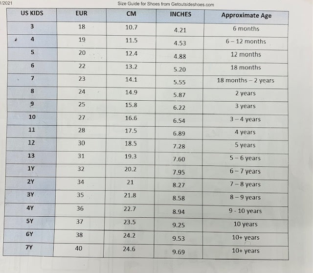 Conversion Chart 3yrs Old Shoe Size Kids Shoe Chart By Age