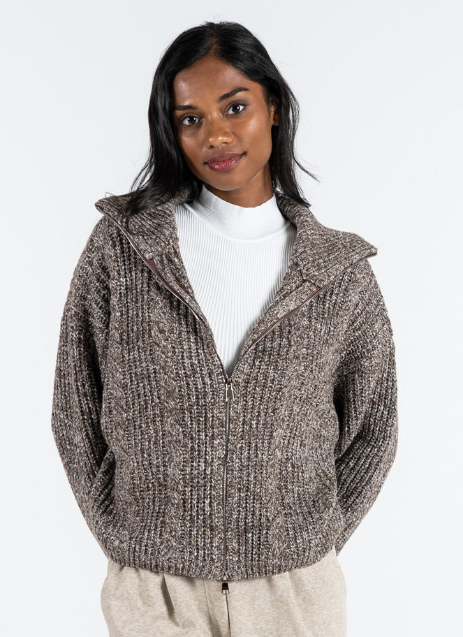 Ladies Zip Front Cardigan - Brown
