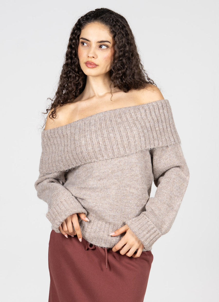 Ladies Off The Shoulder Sweater - Heather Beige