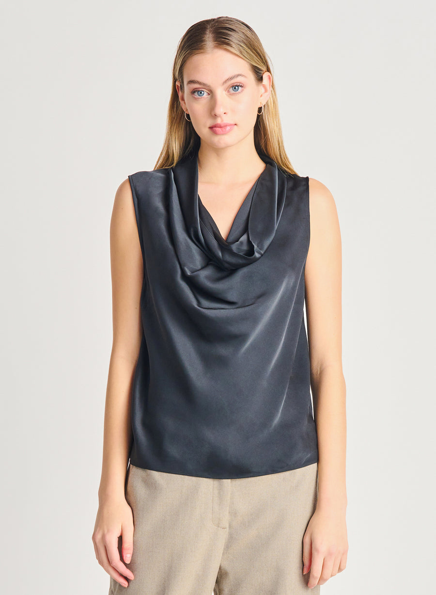 Ladies Satin Cowl Neck Top - Black