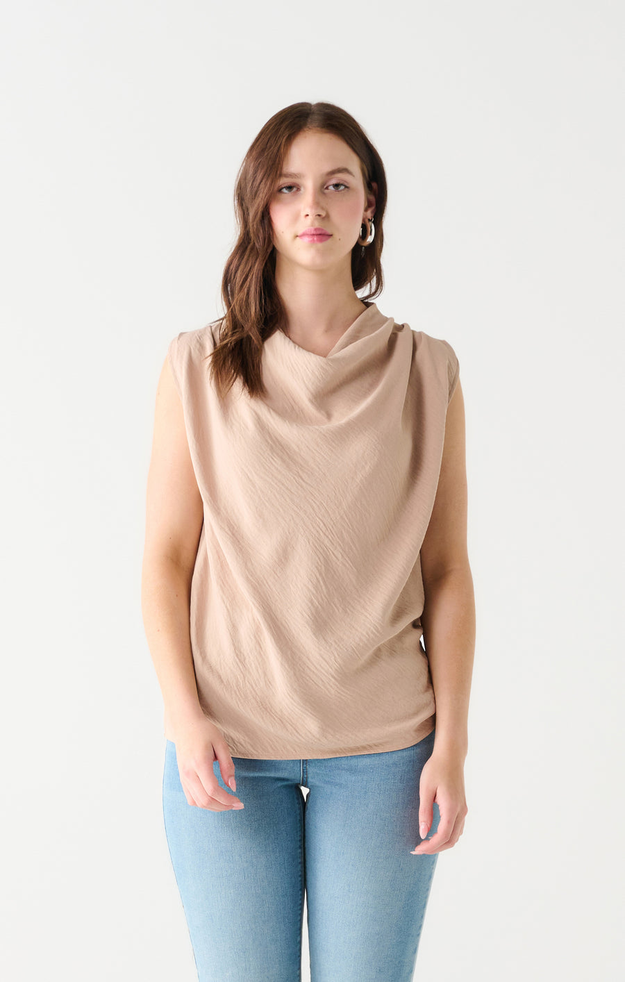 Ladies Cowl Neck Crepe Top - Light Taupe