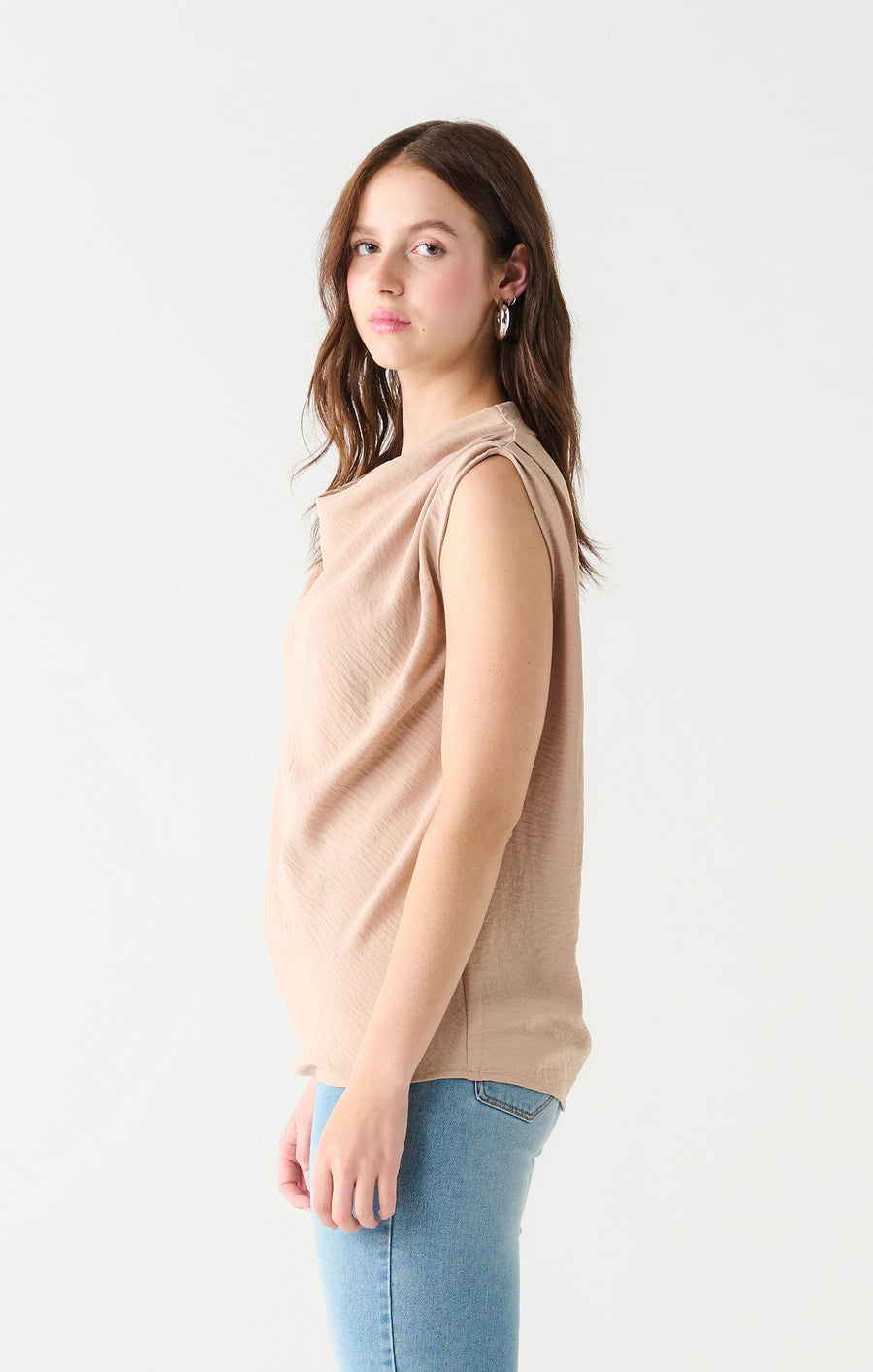 Ladies Cowl Neck Crepe Top - Light Taupe