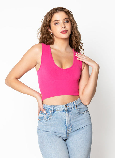 Ladies Bamboo Deep V Rib Top - Fushia