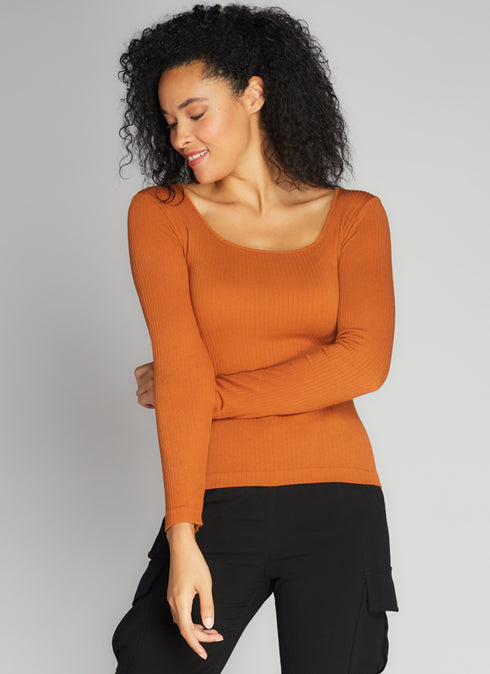 Ladies Seamless Rib Square Neck Top - Ginger