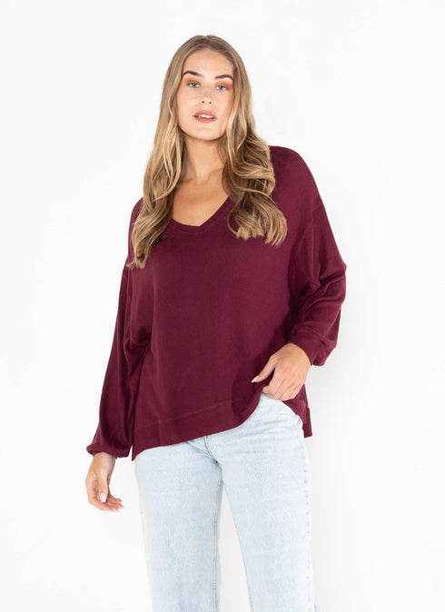 Ladies Soft Knit Oversized V Neck Top - Merlot