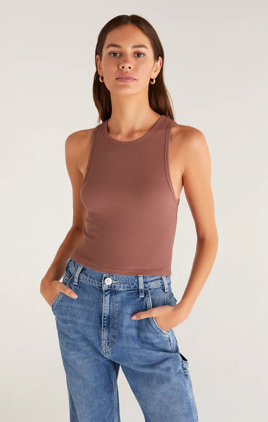 Ladies Hannah Cropped Rib Tank - Whipped Mocha